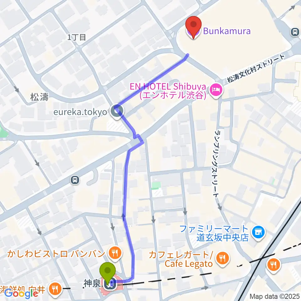 Bunkamuraザ・ミュージアムの最寄駅神泉駅からの徒歩ルート（約7分）地図