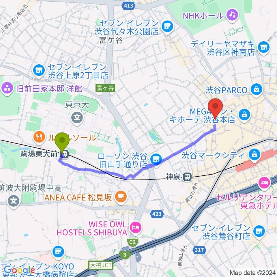 駒場東大前駅からBunkamuraザ・ミュージアムへのルートマップ地図