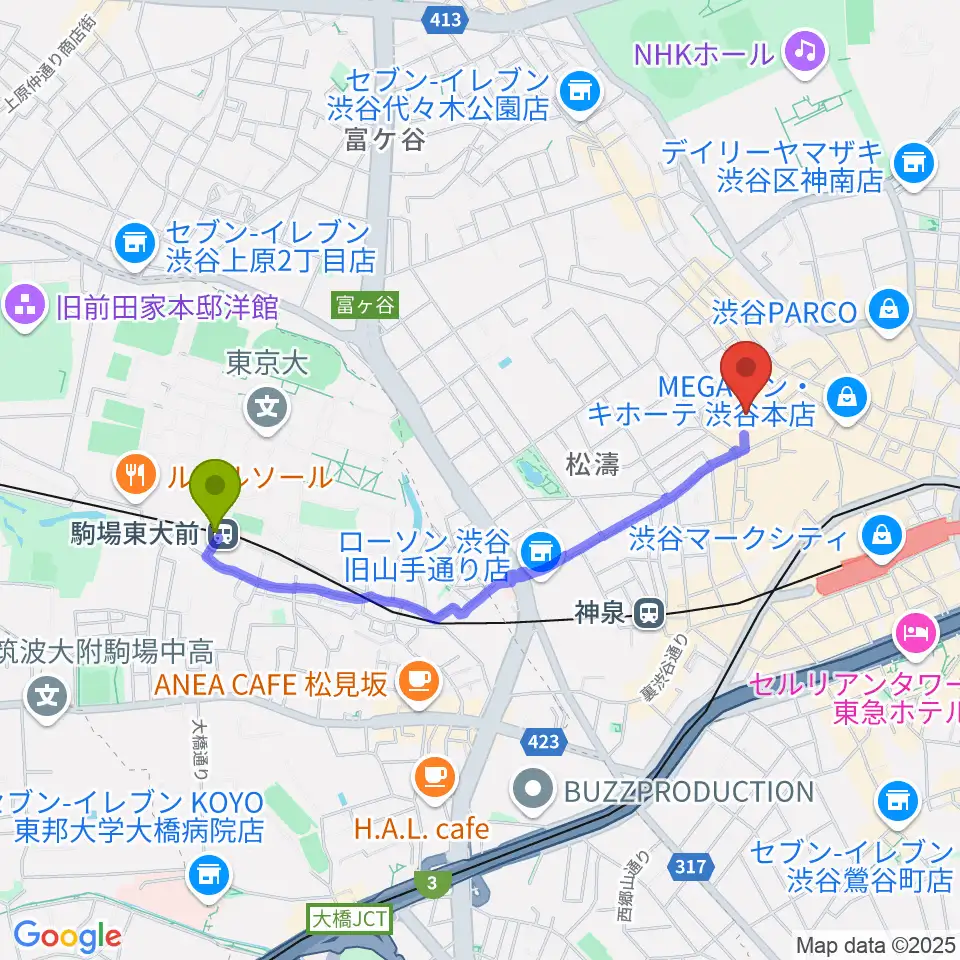 駒場東大前駅からBunkamuraザ・ミュージアムへのルートマップ地図