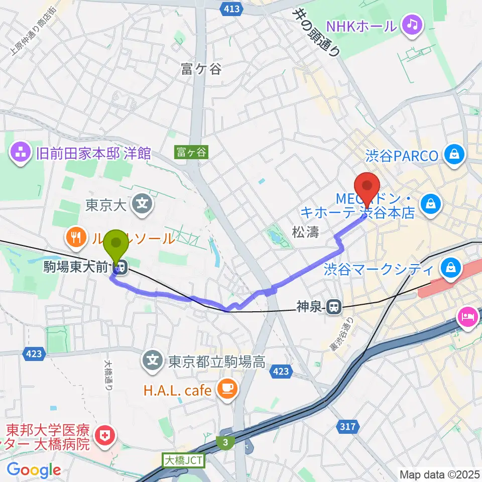 駒場東大前駅からBunkamuraザ・ミュージアムへのルートマップ地図