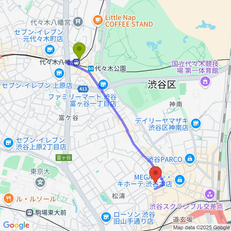 代々木八幡駅からBunkamuraザ・ミュージアムへのルートマップ地図