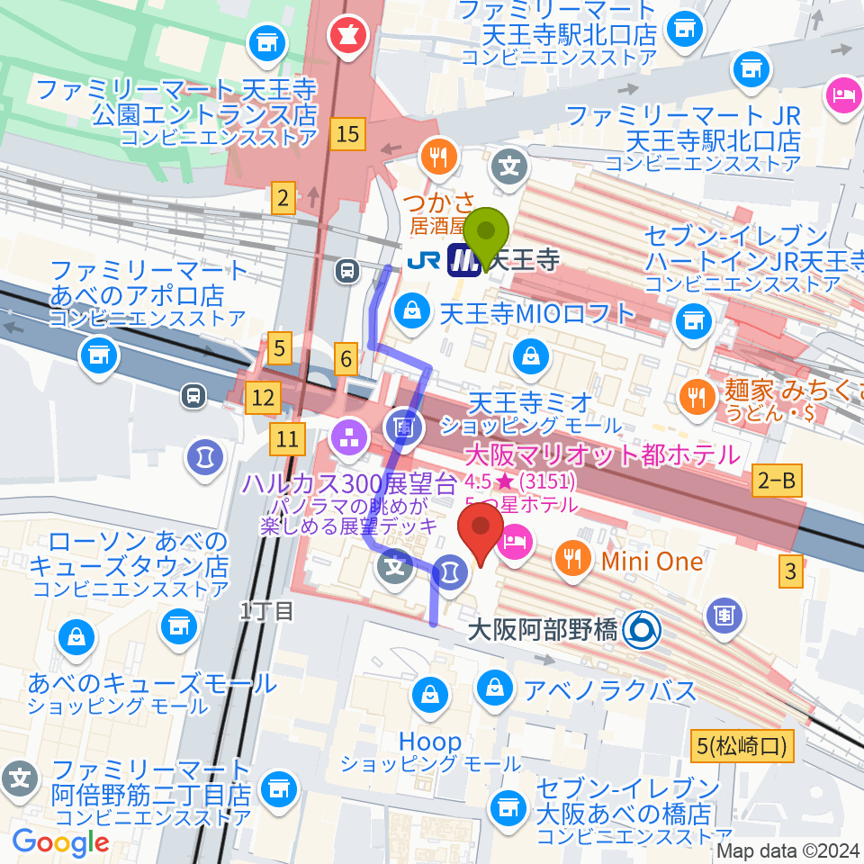 あべのハルカス美術館の最寄駅天王寺駅からの徒歩ルート（約3分）地図