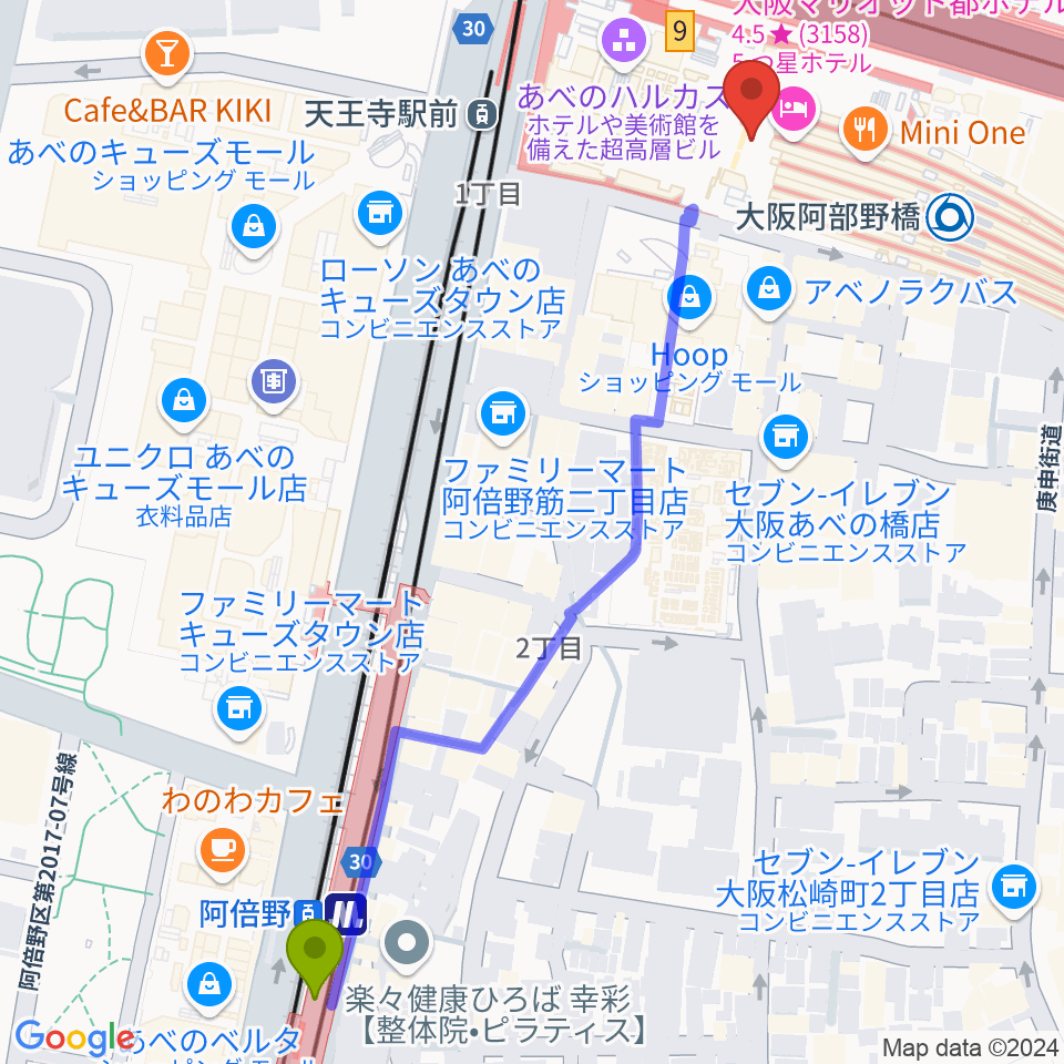 阿倍野駅からあべのハルカス美術館へのルートマップ地図