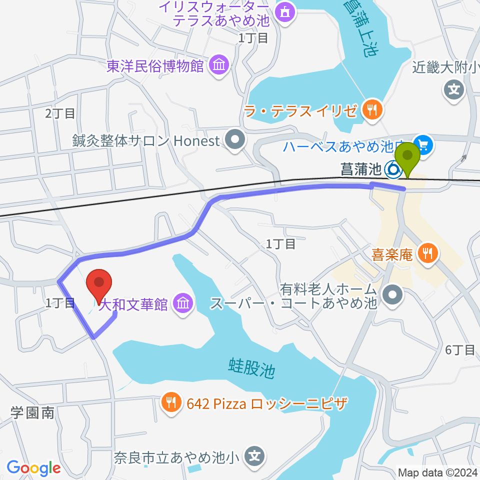 菖蒲池駅から大和文華館へのルートマップ地図