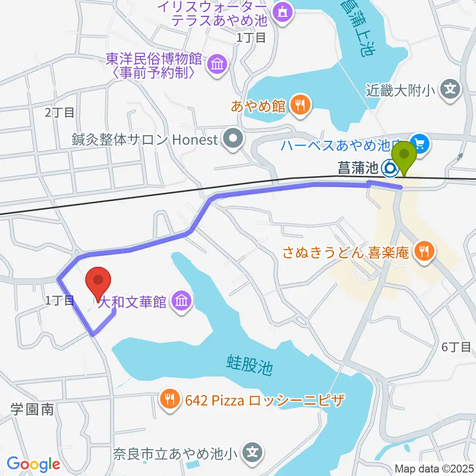 菖蒲池駅から大和文華館へのルートマップ地図
