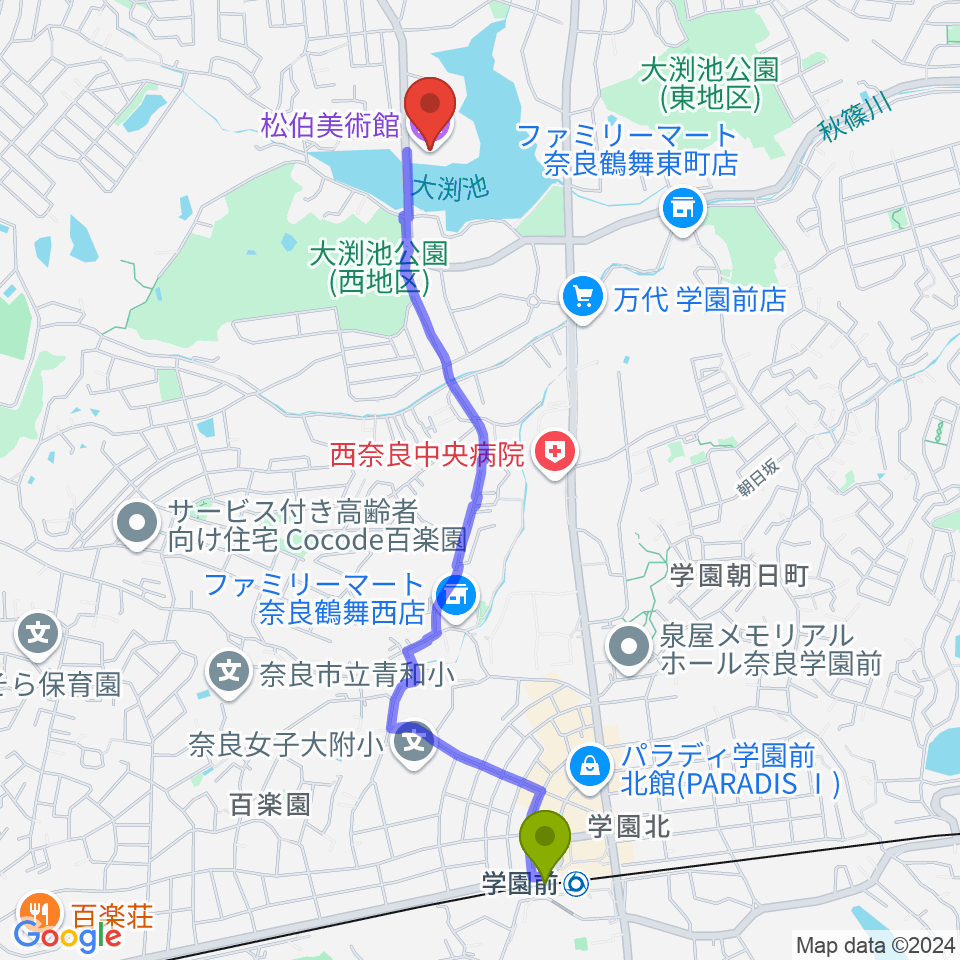 松伯美術館の最寄駅学園前駅からの徒歩ルート（約24分）地図