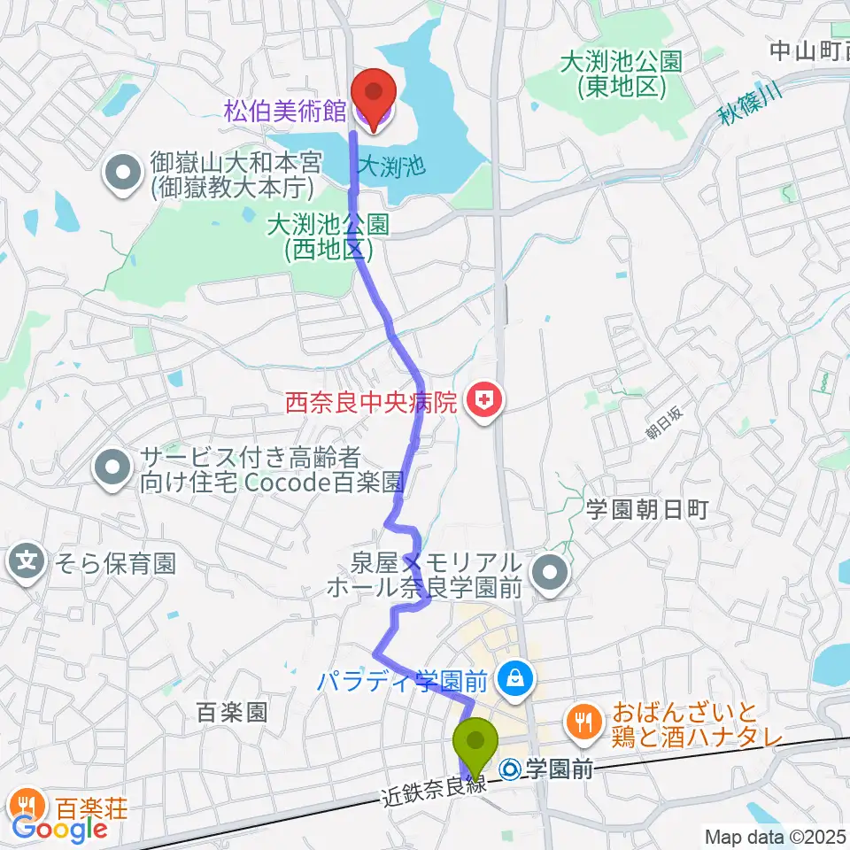 松伯美術館の最寄駅学園前駅からの徒歩ルート（約24分）地図