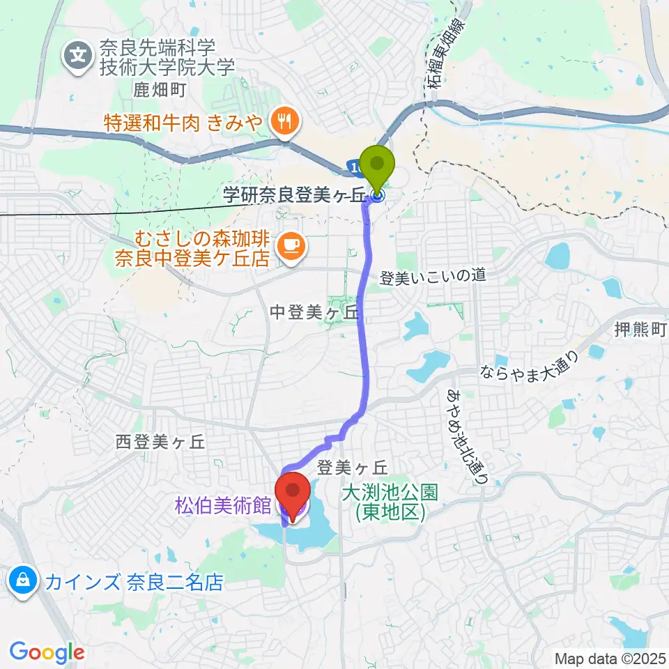 学研奈良登美ヶ丘駅から松伯美術館へのルートマップ地図