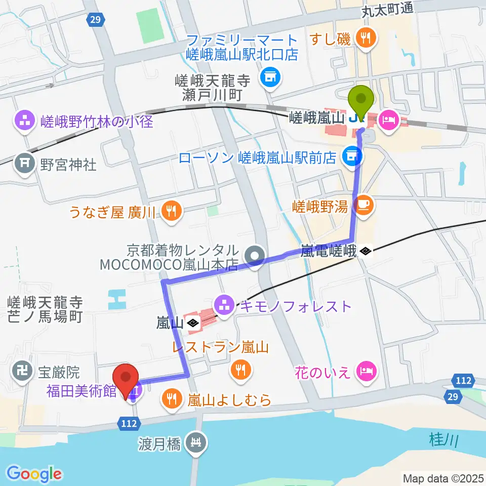 嵯峨嵐山駅から福田美術館へのルートマップ地図