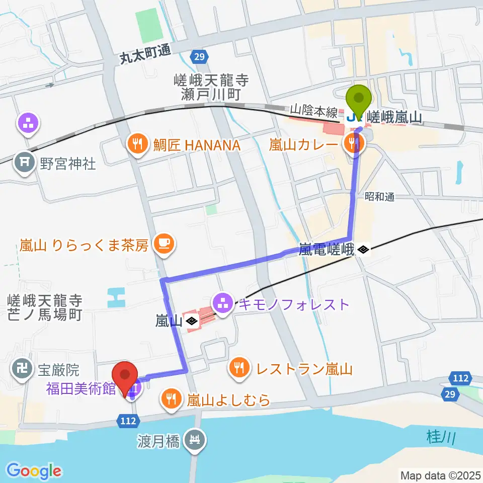 嵯峨嵐山駅から福田美術館へのルートマップ地図