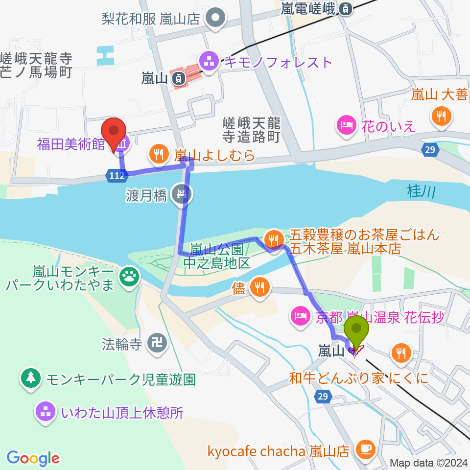 嵐山駅から福田美術館へのルートマップ地図