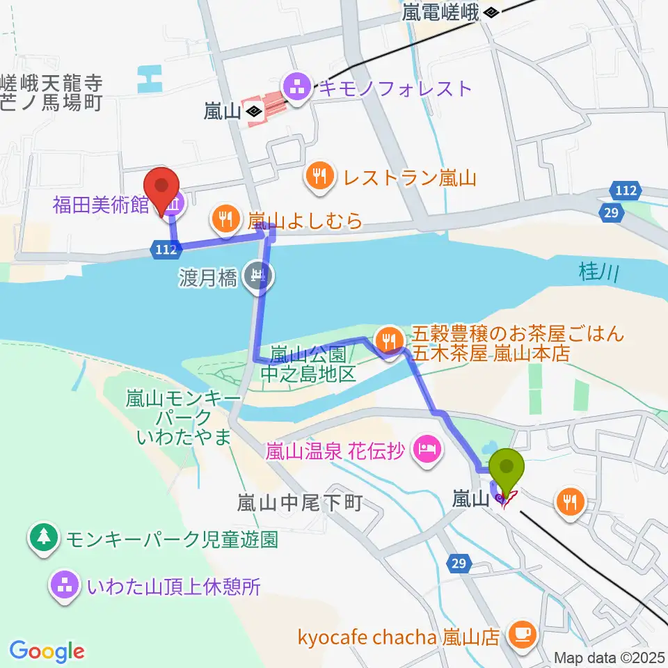 嵐山駅から福田美術館へのルートマップ地図
