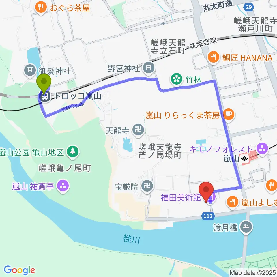 トロッコ嵐山駅から福田美術館へのルートマップ地図