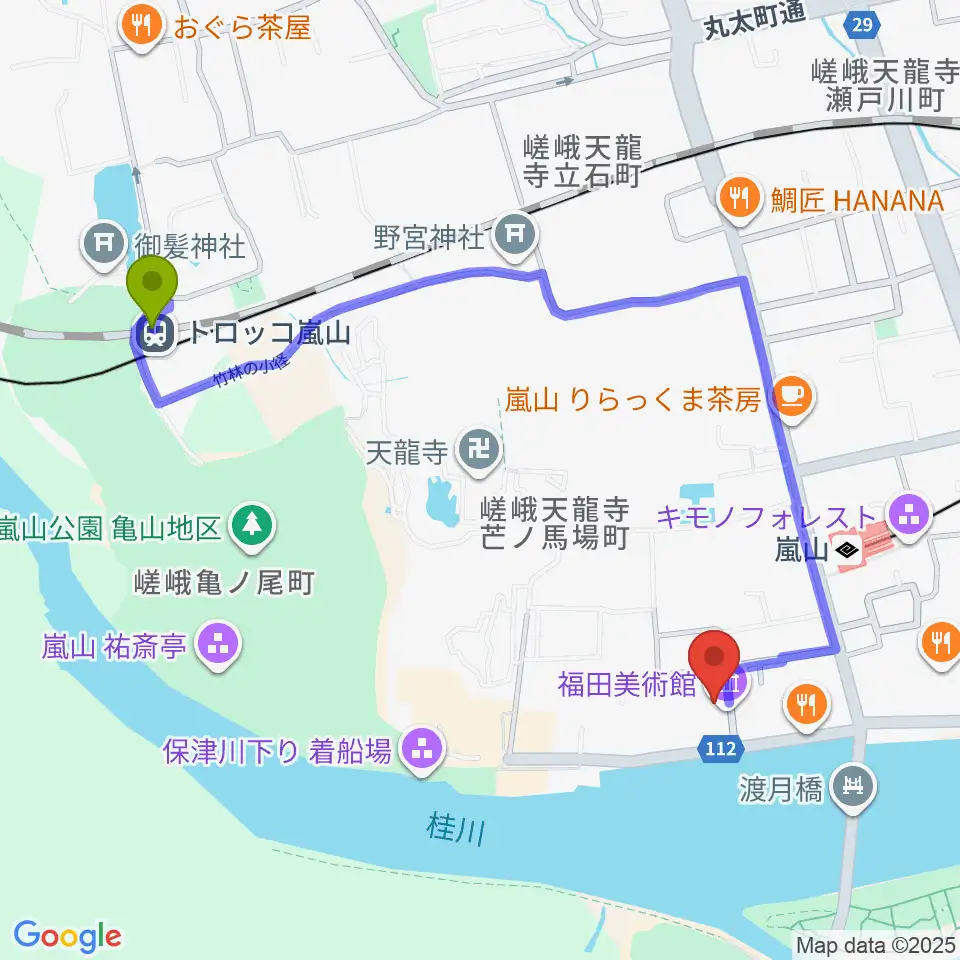 トロッコ嵐山駅から福田美術館へのルートマップ地図