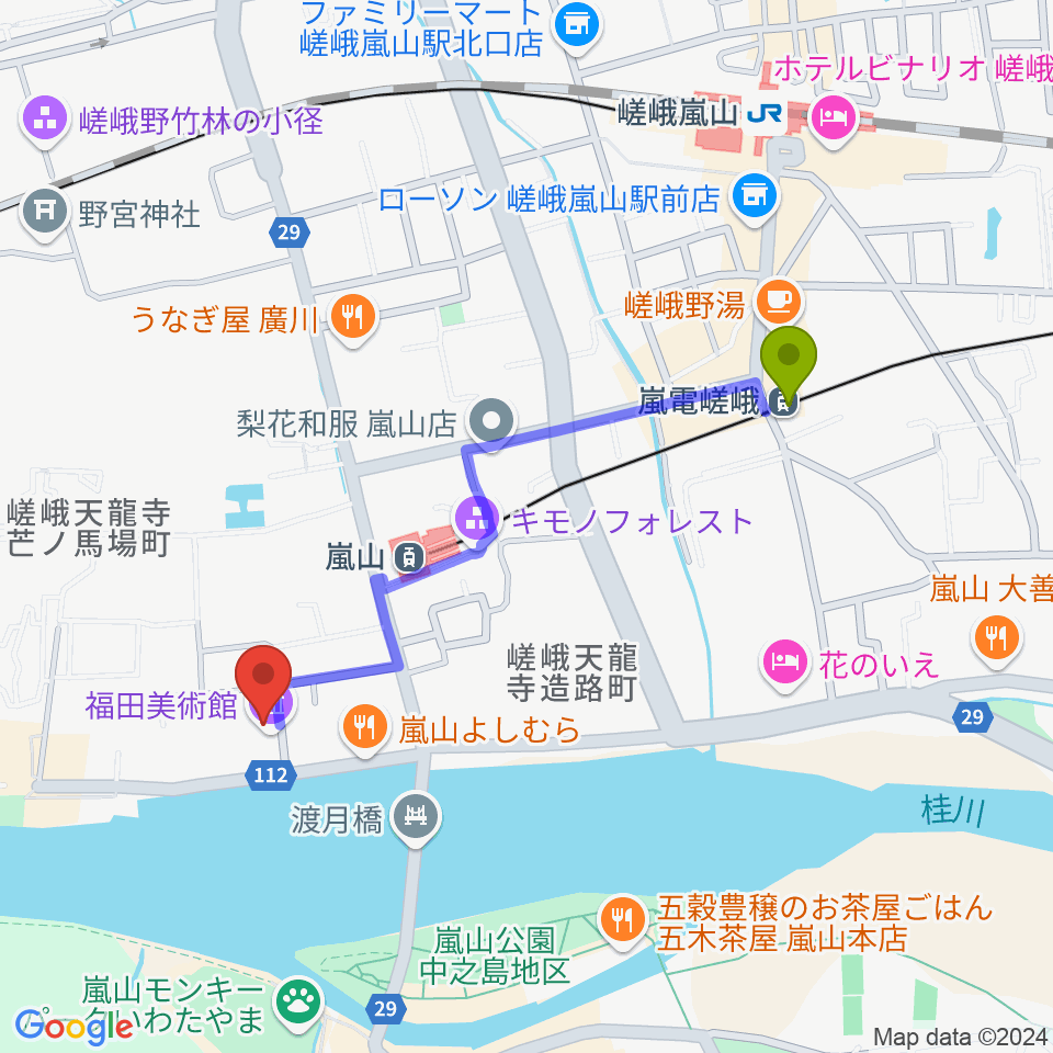 嵐電嵯峨駅から福田美術館へのルートマップ地図