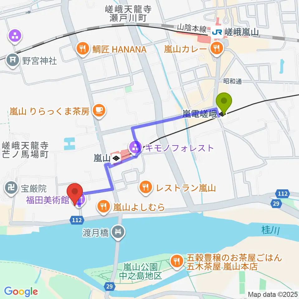 嵐電嵯峨駅から福田美術館へのルートマップ地図