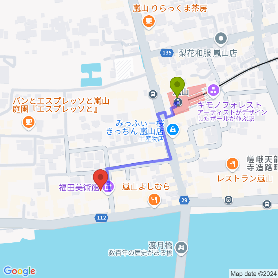 福田美術館の最寄駅嵐山駅からの徒歩ルート（約3分）地図