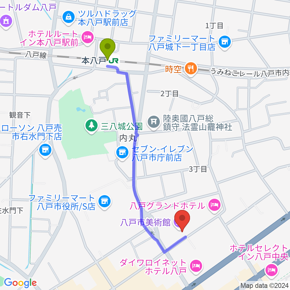 八戸市美術館の最寄駅本八戸駅からの徒歩ルート（約9分）地図