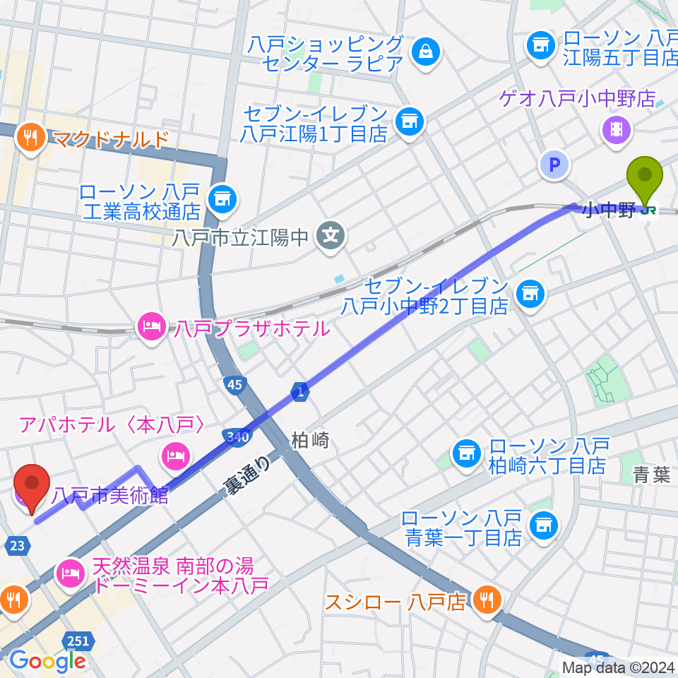 小中野駅から八戸市美術館へのルートマップ地図