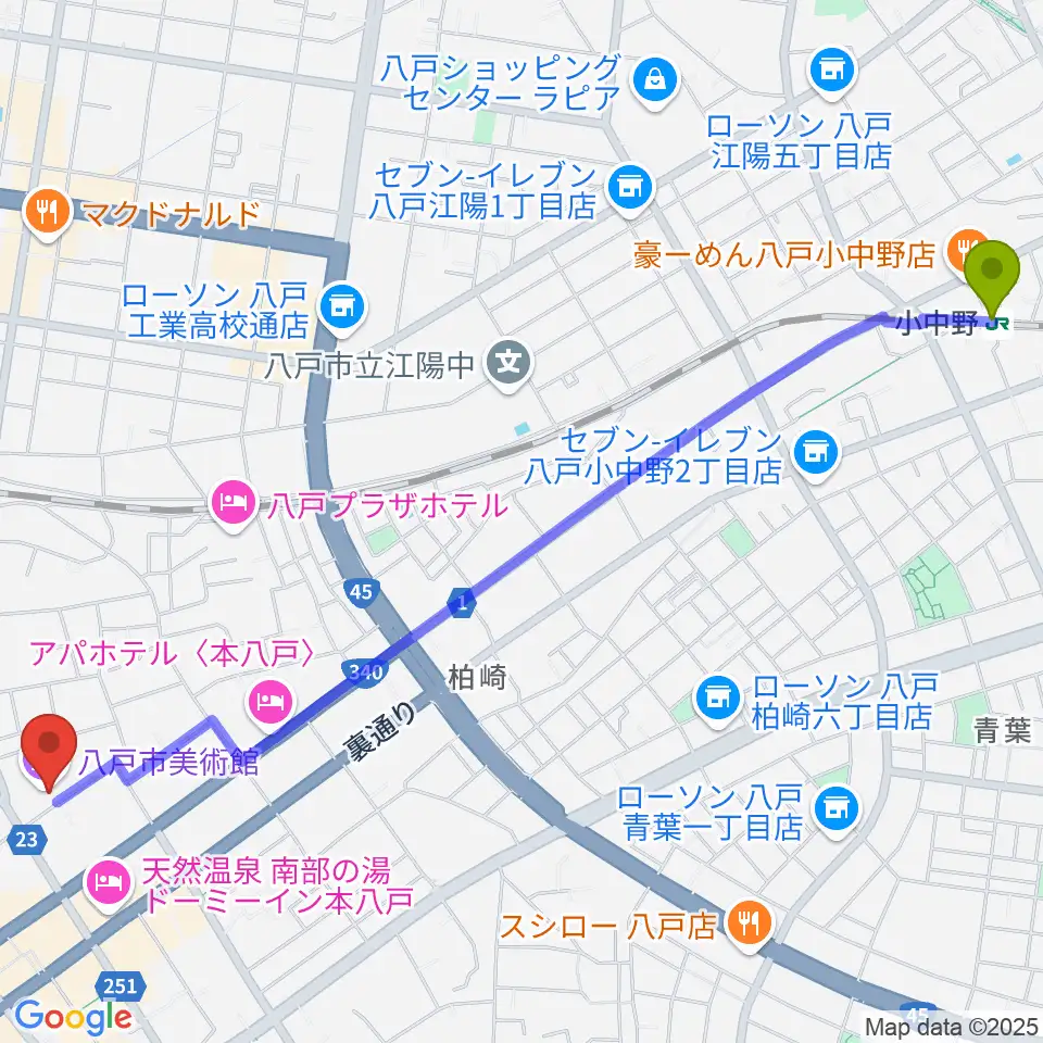 小中野駅から八戸市美術館へのルートマップ地図