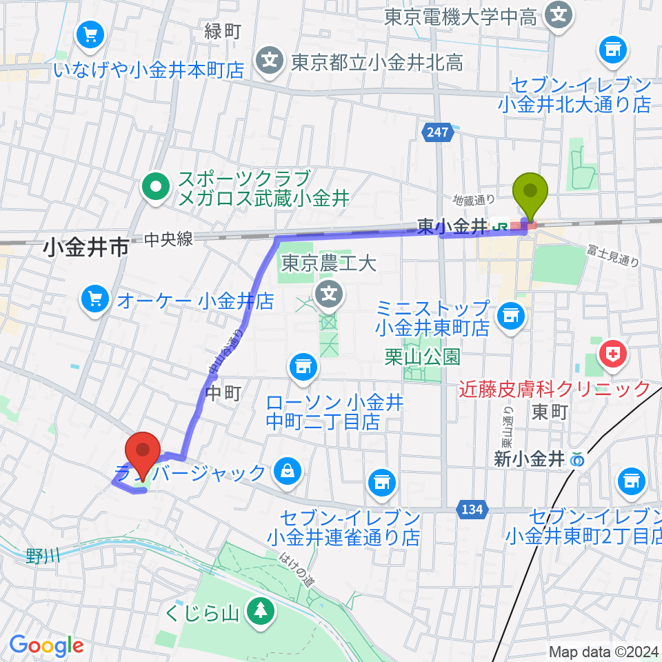 東小金井駅からはけの森美術館へのルートマップ地図