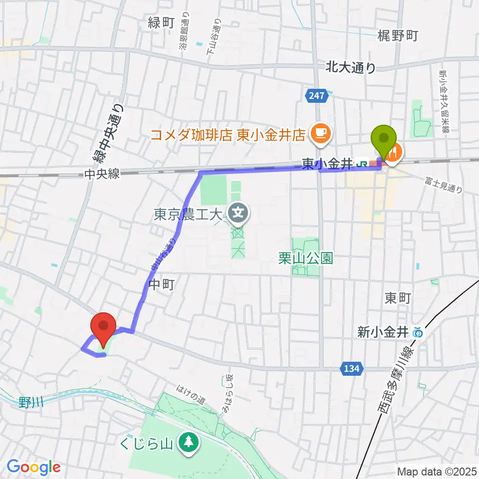 東小金井駅からはけの森美術館へのルートマップ地図