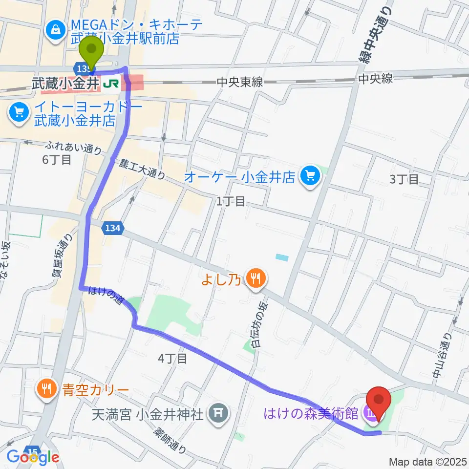 はけの森美術館の最寄駅武蔵小金井駅からの徒歩ルート（約15分）地図