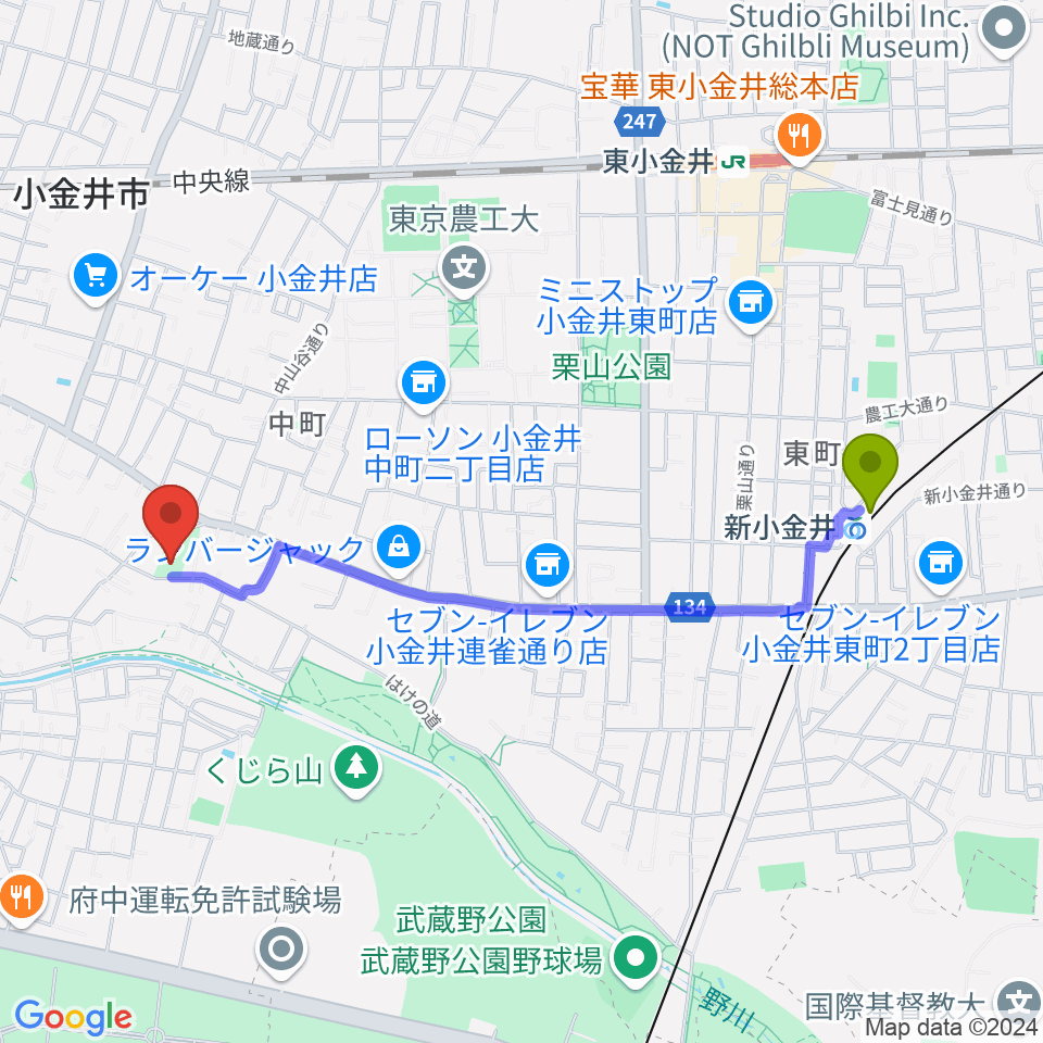 新小金井駅からはけの森美術館へのルートマップ地図