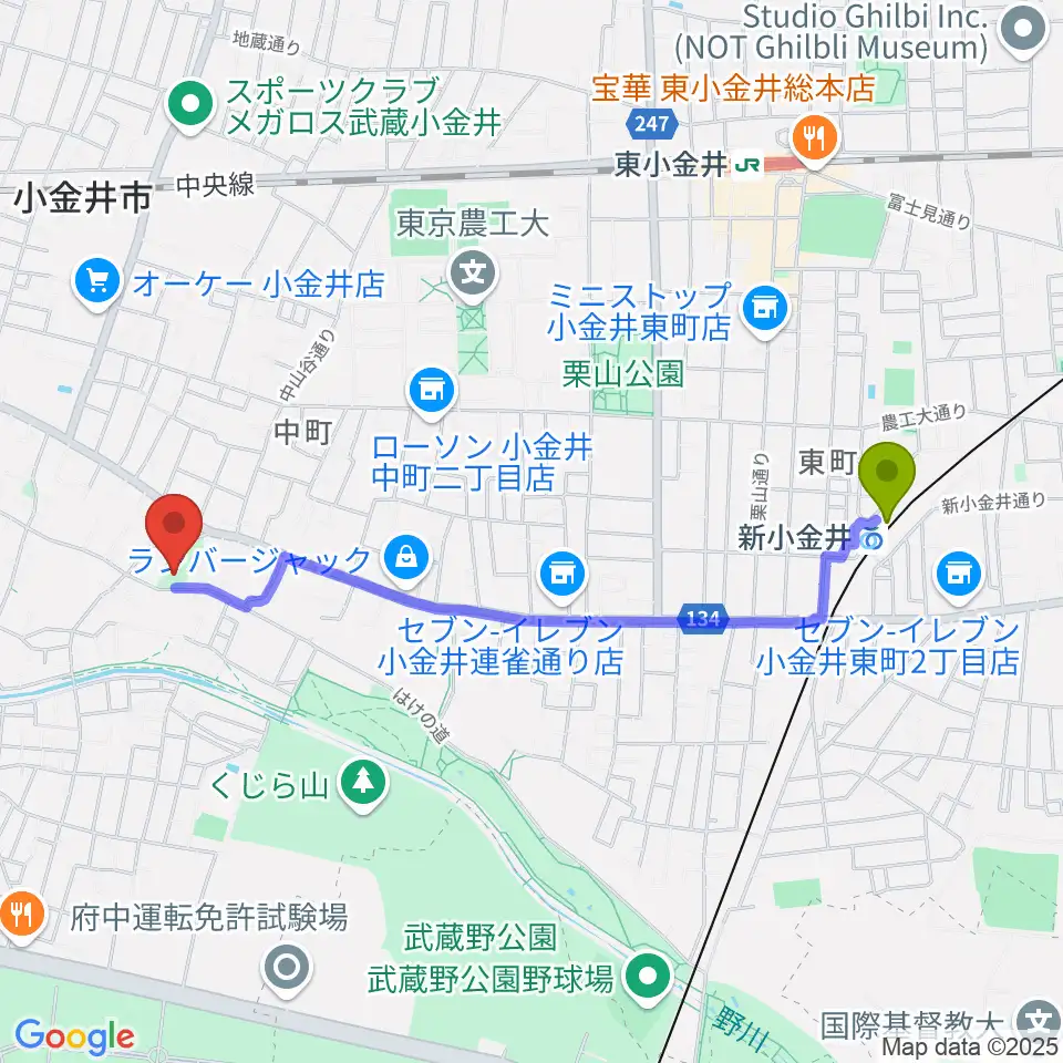 新小金井駅からはけの森美術館へのルートマップ地図
