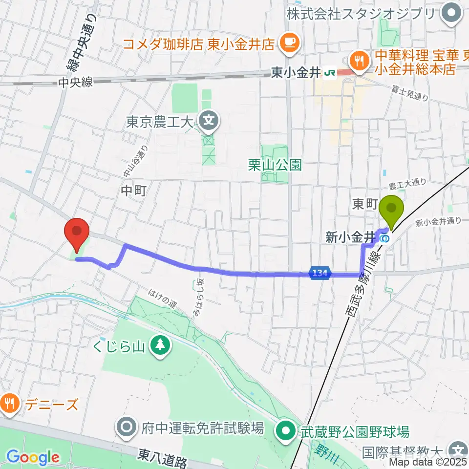 新小金井駅からはけの森美術館へのルートマップ地図