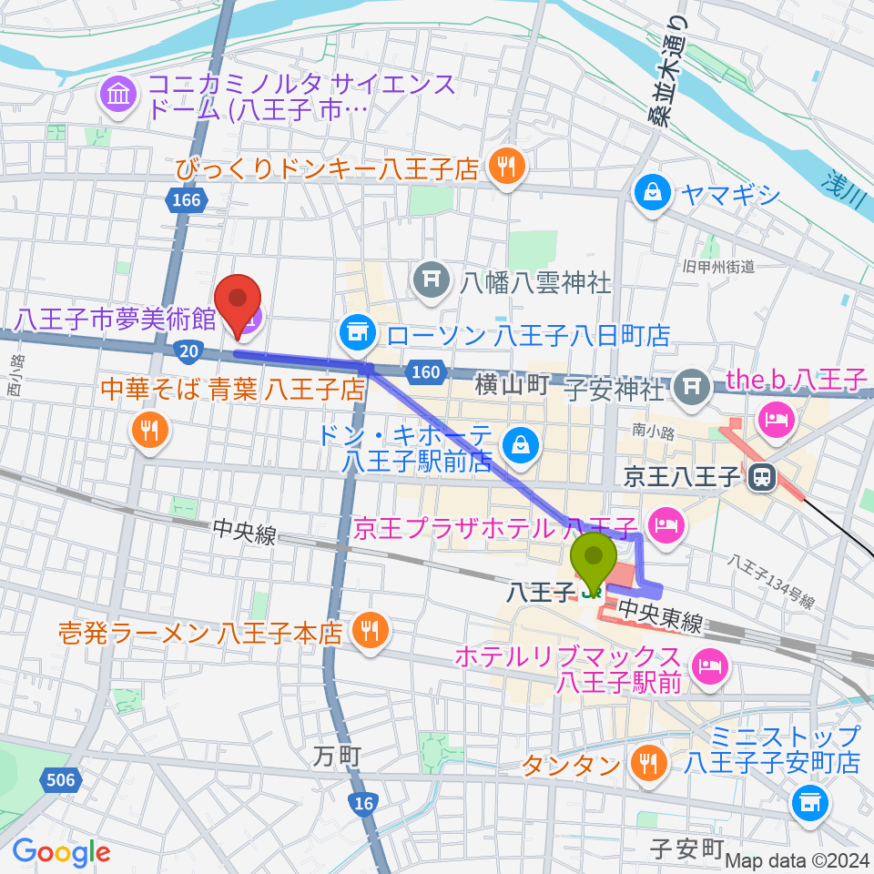 八王子市夢美術館の最寄駅八王子駅からの徒歩ルート（約16分）地図