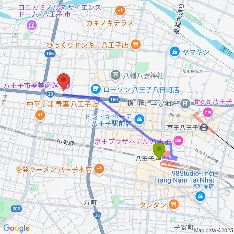 八王子市夢美術館の最寄駅八王子駅からの徒歩ルート（約16分）地図