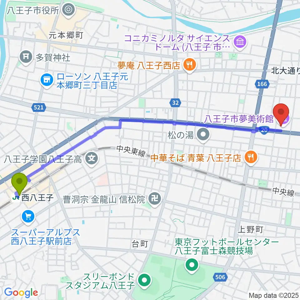 西八王子駅から八王子市夢美術館へのルートマップ地図