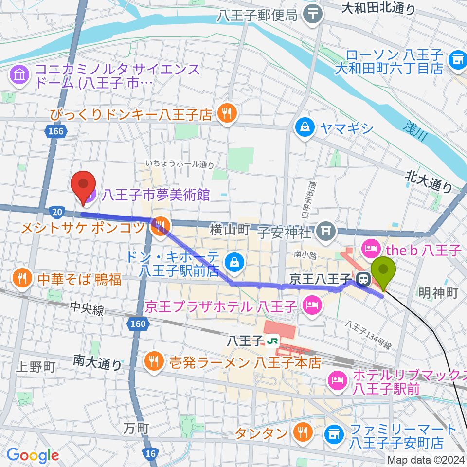 京王八王子駅から八王子市夢美術館へのルートマップ地図