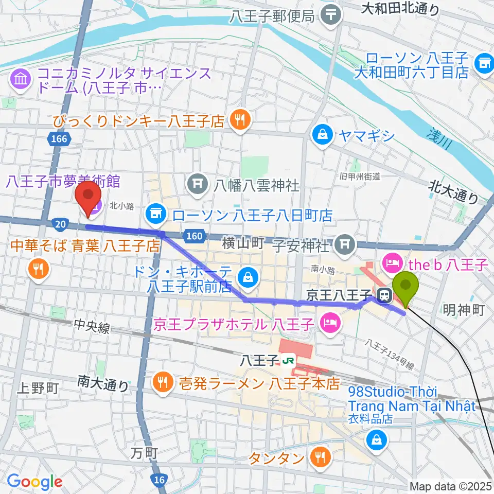 京王八王子駅から八王子市夢美術館へのルートマップ地図