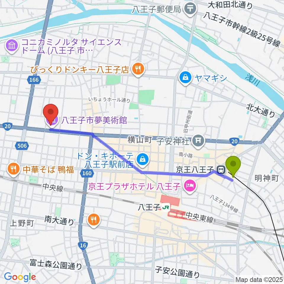 京王八王子駅から八王子市夢美術館へのルートマップ地図