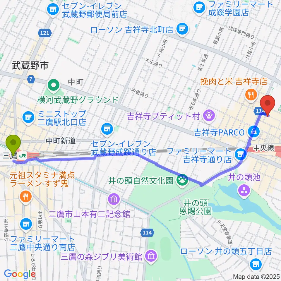 三鷹駅から吉祥寺美術館へのルートマップ地図