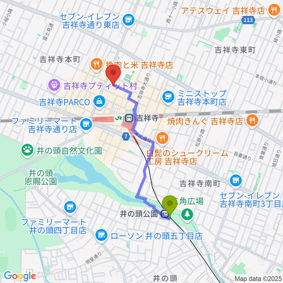 井の頭公園駅から吉祥寺美術館へのルートマップ地図