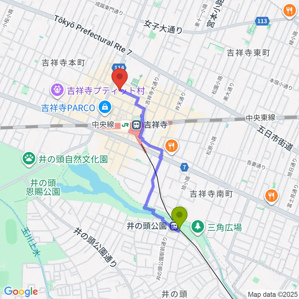 井の頭公園駅から吉祥寺美術館へのルートマップ地図