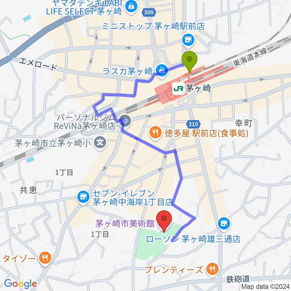 茅ヶ崎市美術館の最寄駅茅ケ崎駅からの徒歩ルート（約9分）地図