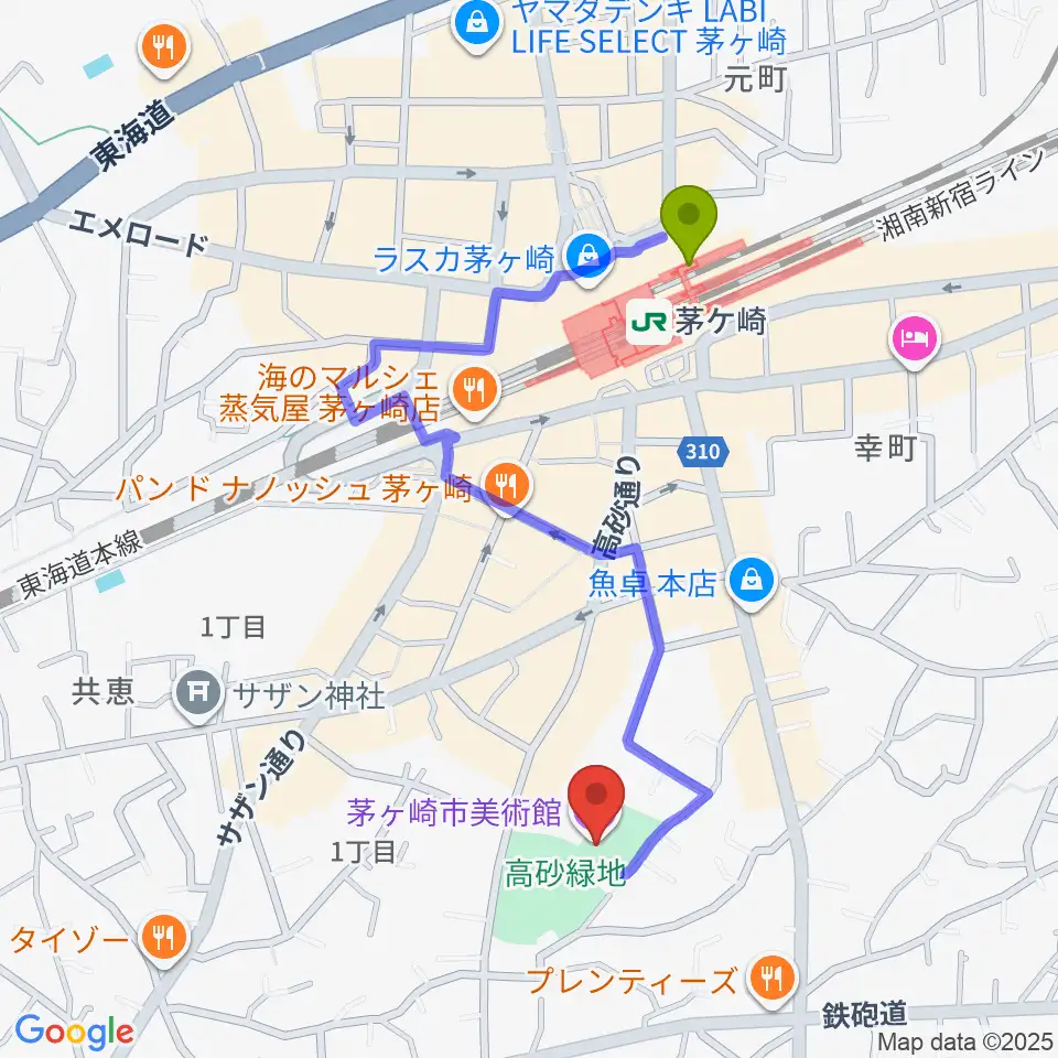茅ヶ崎市美術館の最寄駅茅ケ崎駅からの徒歩ルート（約9分）地図