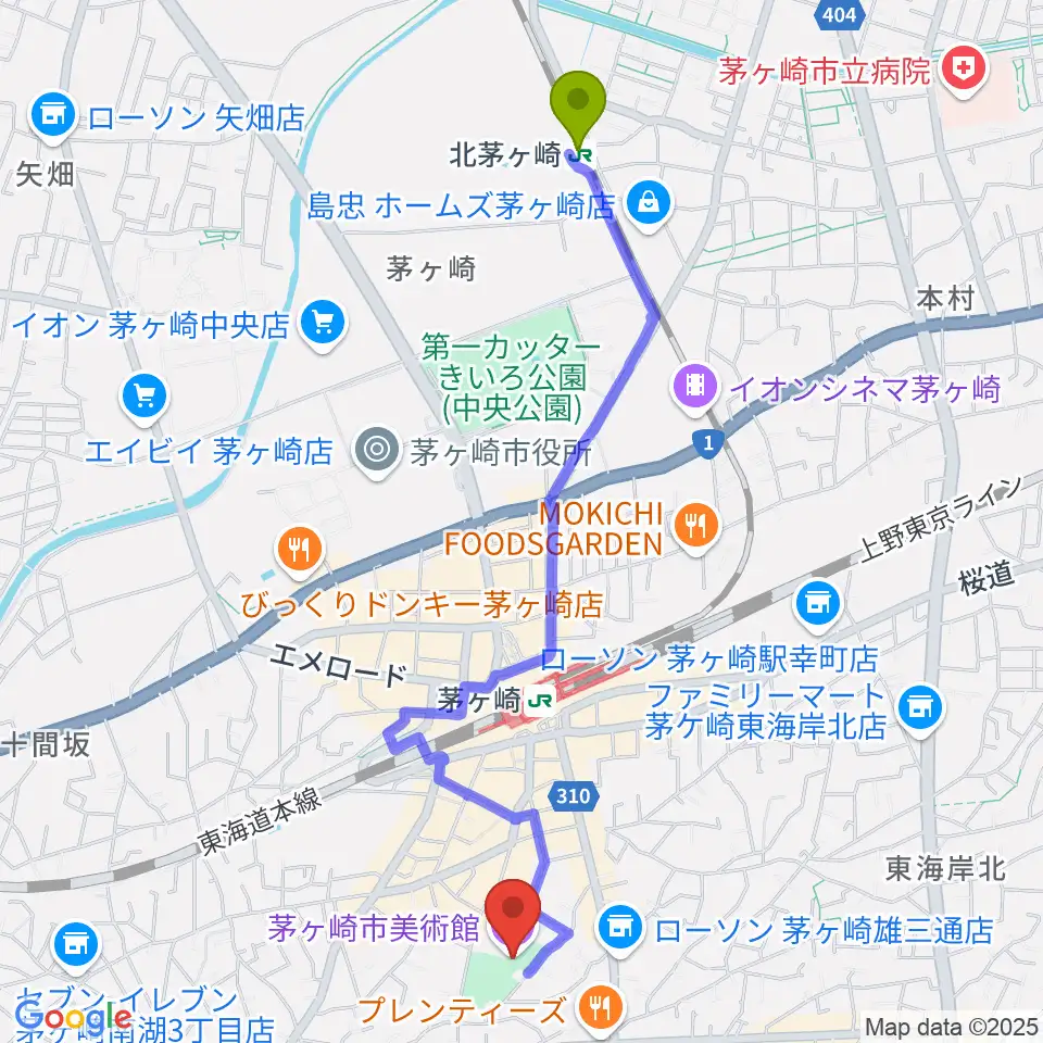 北茅ケ崎駅から茅ヶ崎市美術館へのルートマップ地図