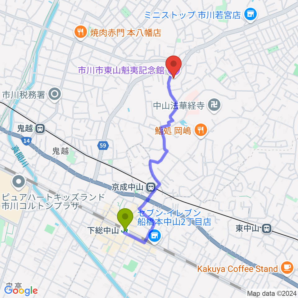 下総中山駅から市川市東山魁夷記念館へのルートマップ地図