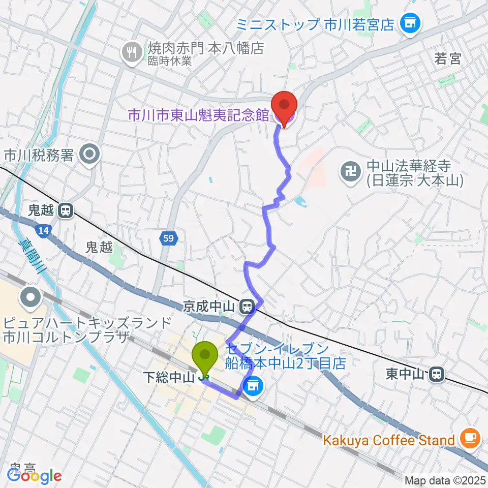 下総中山駅から市川市東山魁夷記念館へのルートマップ地図