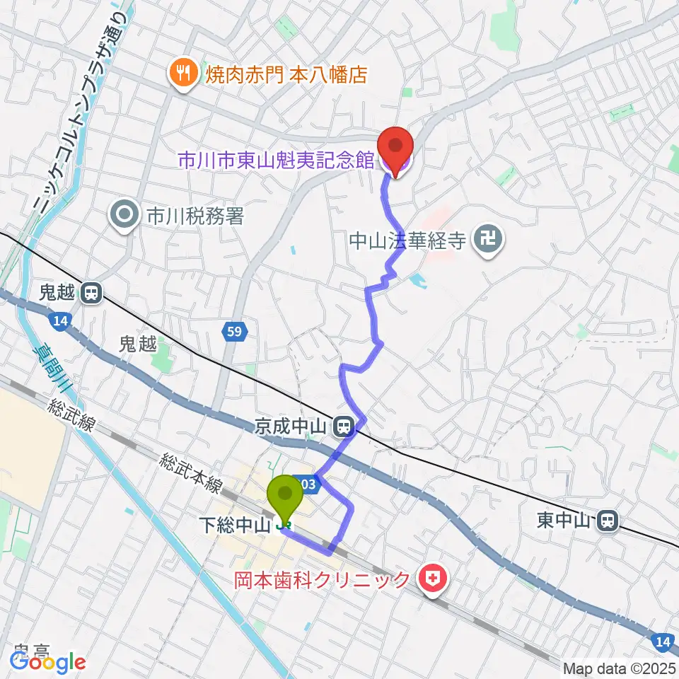 下総中山駅から市川市東山魁夷記念館へのルートマップ地図