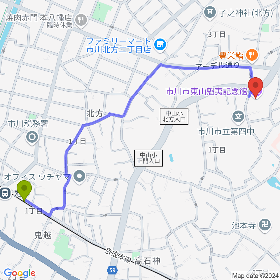 鬼越駅から市川市東山魁夷記念館へのルートマップ地図