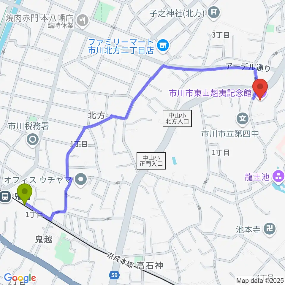 鬼越駅から市川市東山魁夷記念館へのルートマップ地図