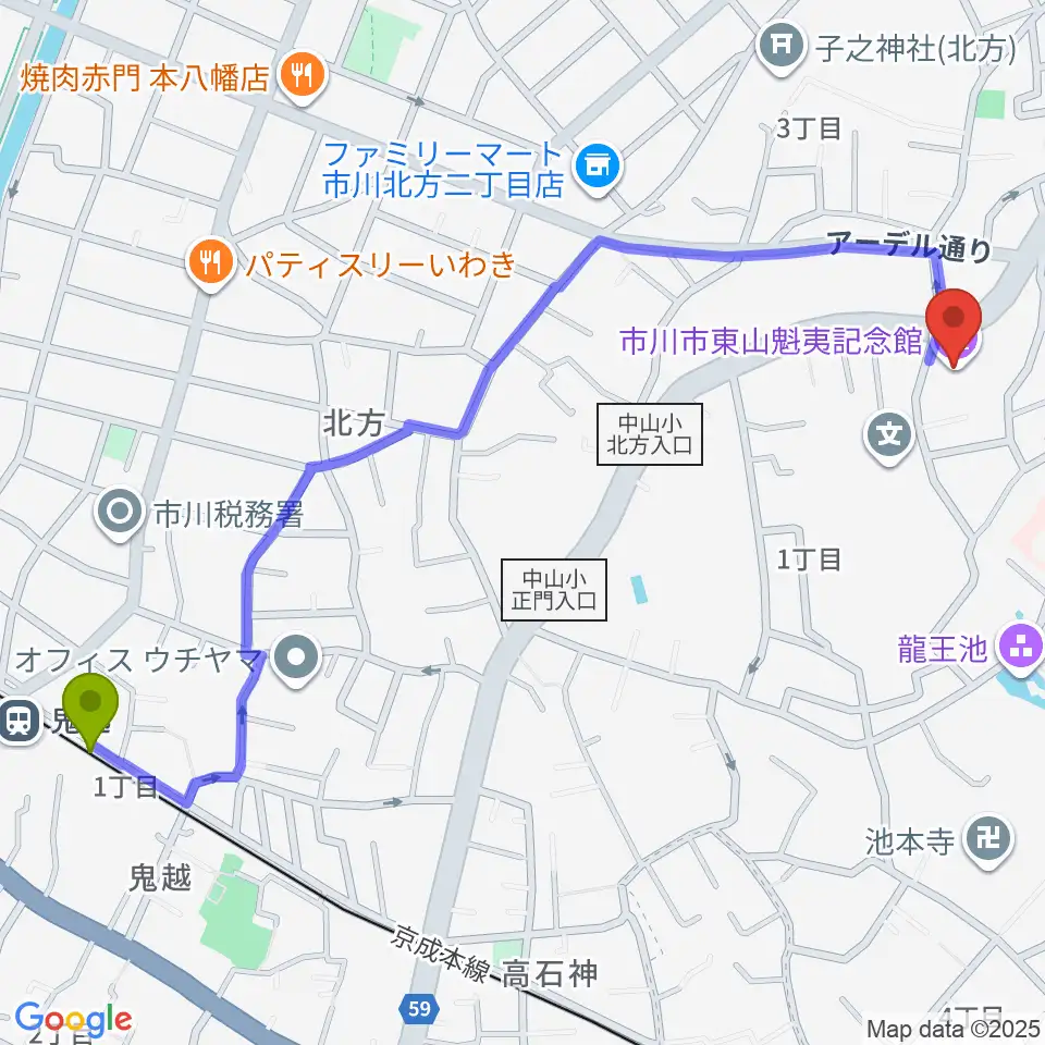 鬼越駅から市川市東山魁夷記念館へのルートマップ地図