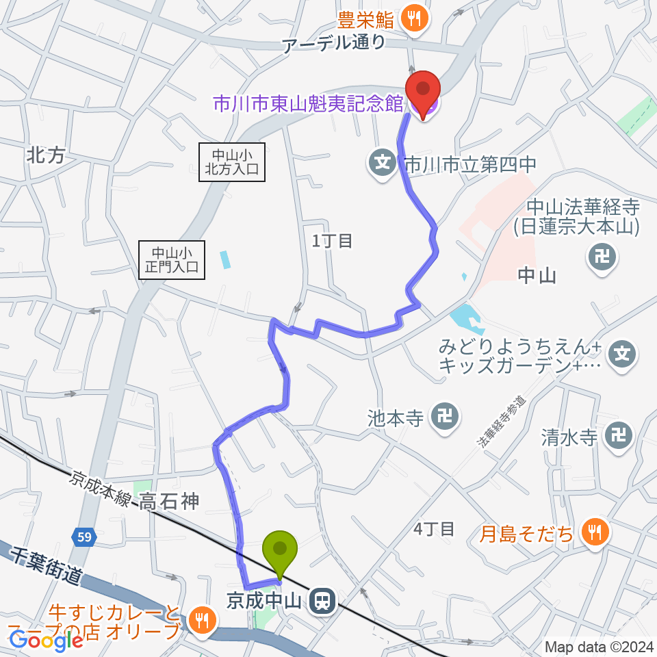 市川市東山魁夷記念館の最寄駅京成中山駅からの徒歩ルート（約11分）地図