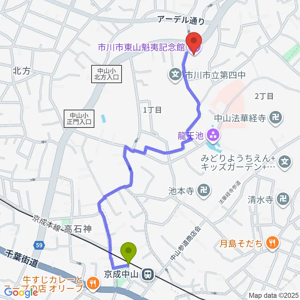 市川市東山魁夷記念館の最寄駅京成中山駅からの徒歩ルート（約11分）地図